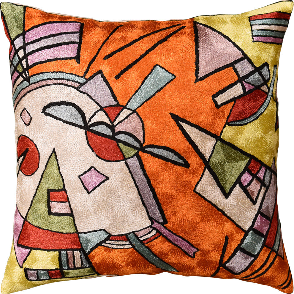 Kandinsky Orange Abstract Throw Pillow Cover Handembroidered Art Silk 18x18"