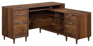 Unique L-Shaped Desk, Open Shelves and Multiple Storage Drawers, Grand Walnut