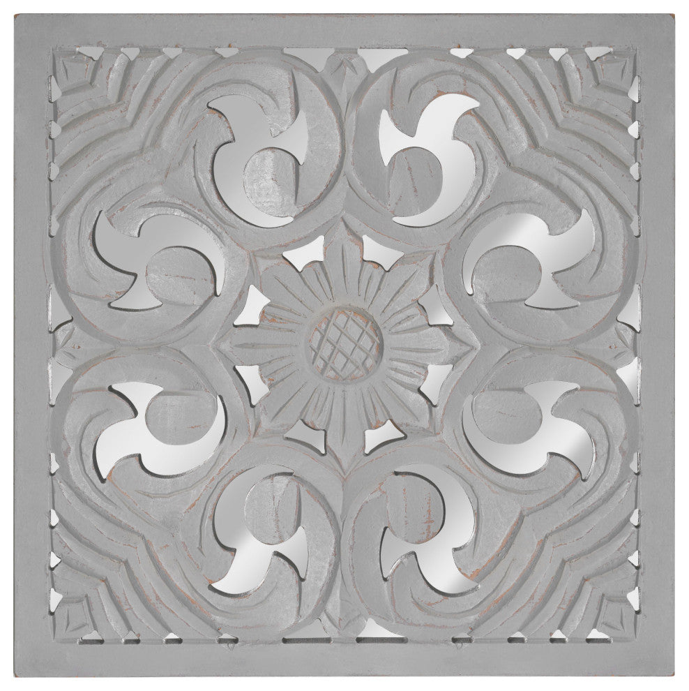 Distressed Reflective Grey Floral Wood Square Wall Medallion - 16"x16"