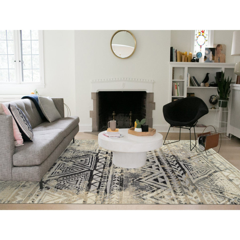 Gray, Erased Ethnic Geometric Design, Pure Wool Hand Knotted Rug, 9'1" x 12'0"