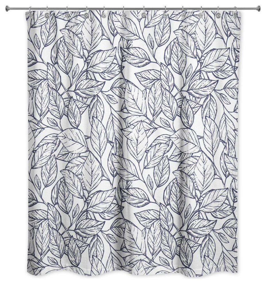 Navy Line Leaf Pattern 71x74 Shower Curtain