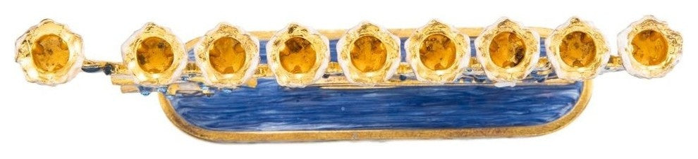 Hand Painted Blue Enamel Menorah Candelabra With Star of David