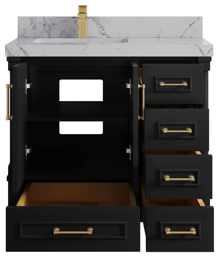 Aberdeen 36 Left Offset Bath Vanity in Black 2" Venatino Quartz