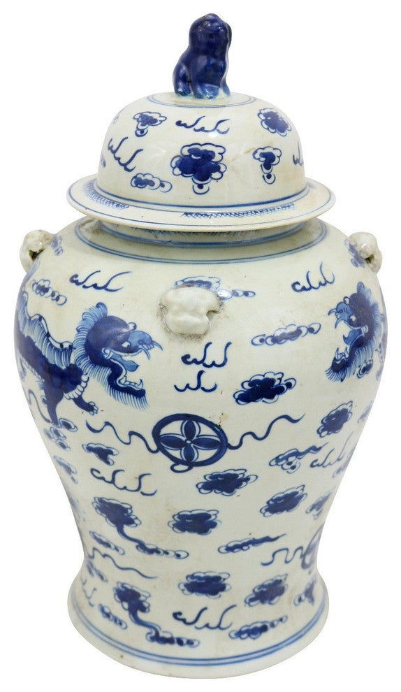 Vintage Style Blue and White Chinese Porcelain Temple Jar Foo Dog Motif 18"