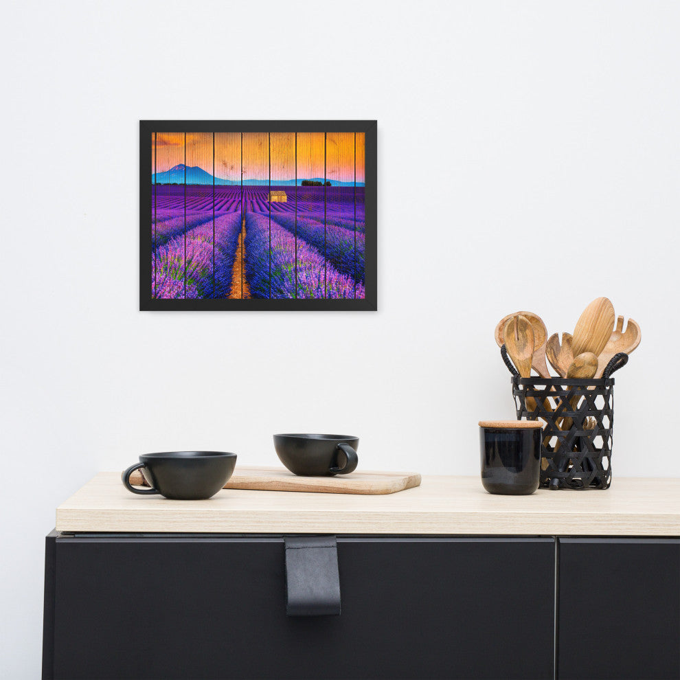 Faux Wood Lavender Fields and Sunset Landscape Framed Photo Paper Wall Art Print, Black, 11" X 14"