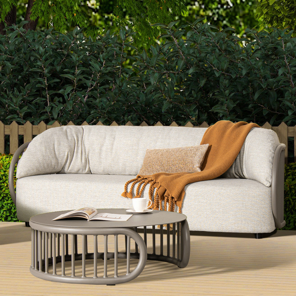 Harper 34.5" Aluminum Barrel Outdoor Patio Round Coffee Table, Geige Taupe