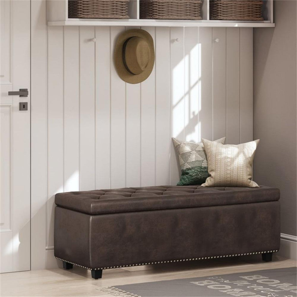 Hamilton 48 Inch Wide Rectangle Storage Ottoman In Distressed Brown Faux Leather