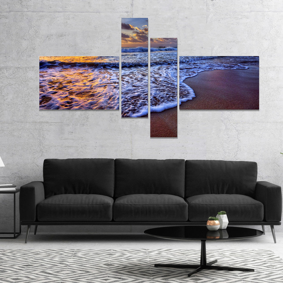 Sunset over Blue Sea Waves, Seashore Canvas Art Print, 60"x32", 4 panels