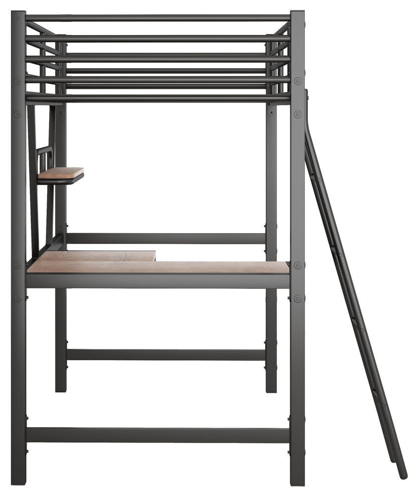 Gewnee Twin Size Loft Metal&MDF Bed with Desk and Shelf in Black