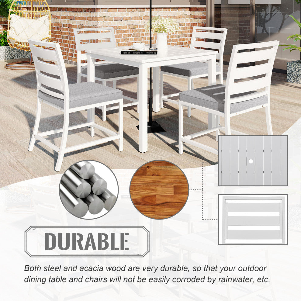 5-Piece Outdoor Steel Patio Dining Set with table and four chairs, White