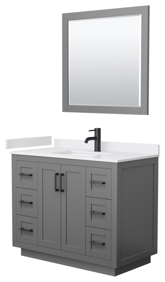 42"SGL Vanity Dark Gray, White Cult. Marble Top, Sink, Black Trim, 34"Mirror