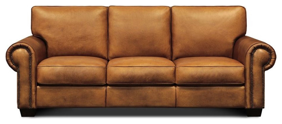 Pemberly Row Top Grain Hand Antiqued Leather Sofa in Tan Brown