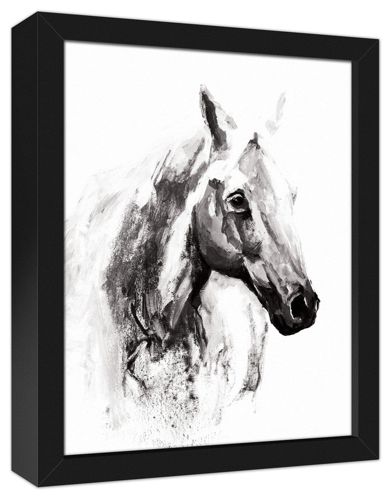 Black and White Watercolor Horse 11x14 Black Framed Canvas
