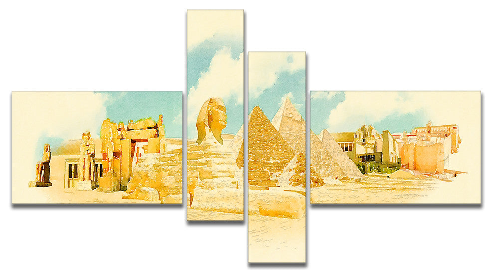 Cairo Panoramic View, Cityscape Watercolor Canvas Print, 60"x32", 4 panels