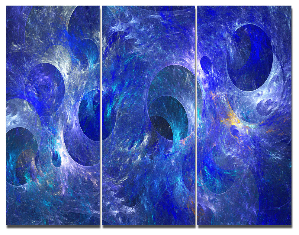 Clear Blue Fractal Glass Texture, Abstract Triptych Canvas Art, 36x28, 3 Panels