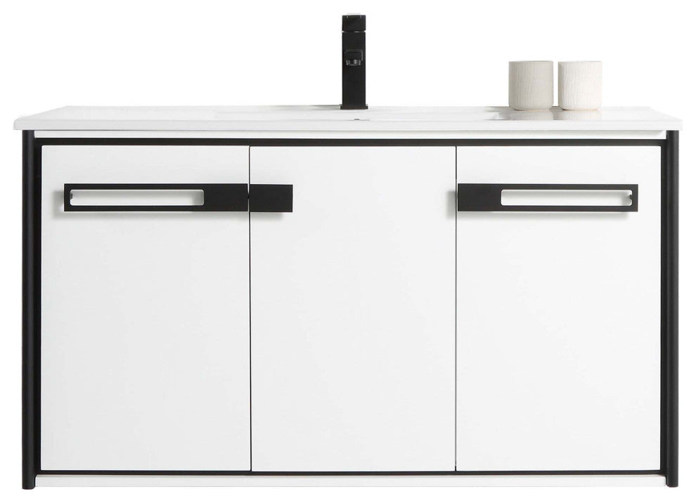 Oakville Wall Mount Bathroom Vanity, White Matte, 42", Black Hardware