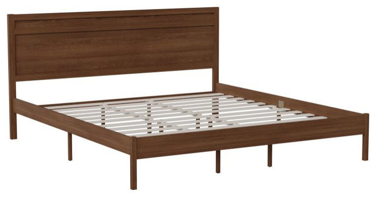 Kingston Solid Wood Platform Bed with Wooden Slats and Headboard, Brown, King