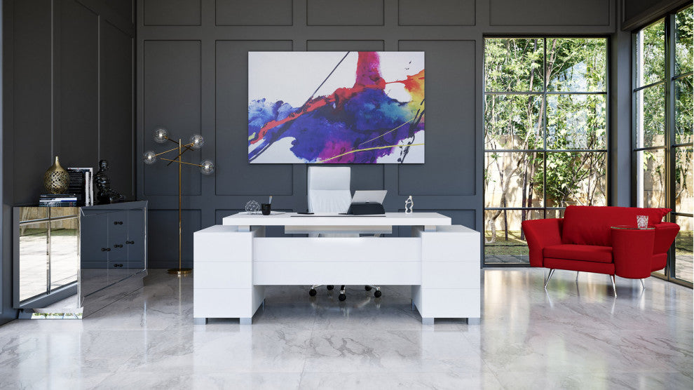 79"� Modern Ford White Matte Lacquer Desk Storage/Filing Drawers Keyboard Tray