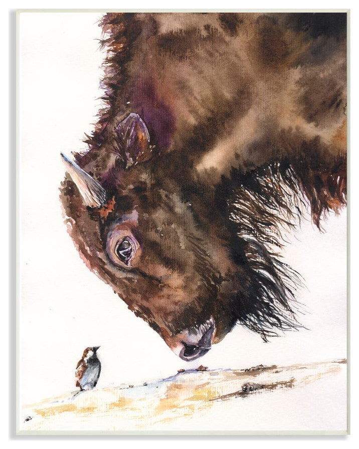 Bird And Large Buffalo Animal Watercolor Painting, 10"x15"