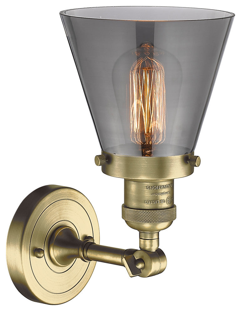 1-Light Small Cone 6" Sconce, Antique Brass, Glass: Smoked