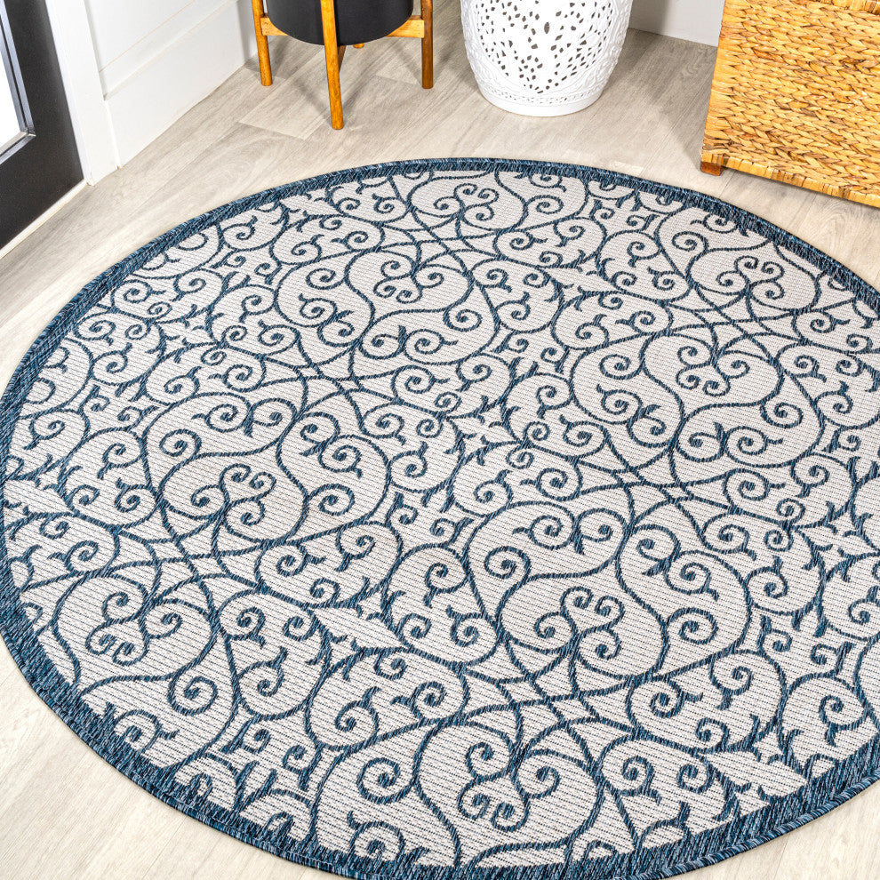 Madrid Vintage Filigree Textured Weave Indoor/Outdoor, Cream/Blue, 5' Round