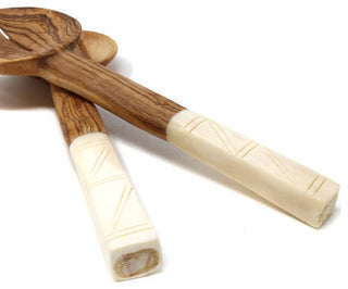 Olive Wood Serving Set, Natural White Bone Handles, Square Design