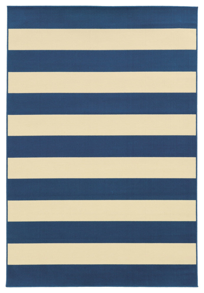 5??8??Blue And Ivory Striped Indoor Outdoor Area Rug