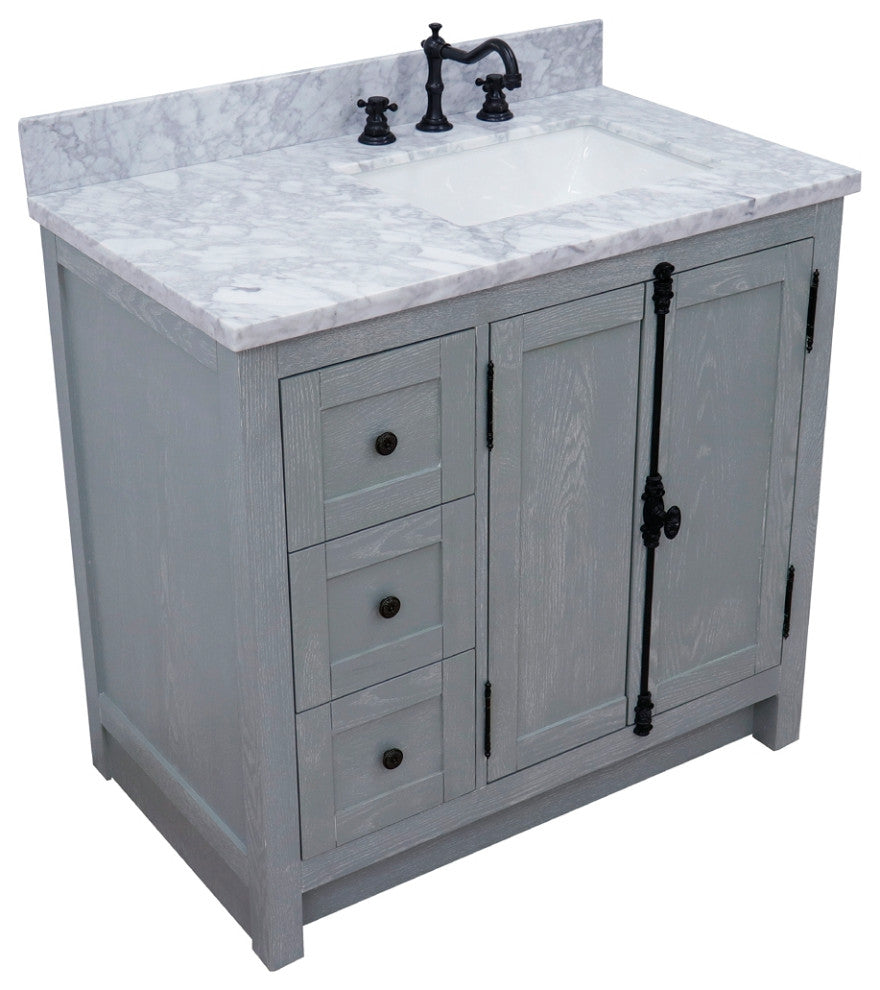 37" Vanity, Gray Ash With White Carrara Top, Right Doors/Right Rectangle Sink