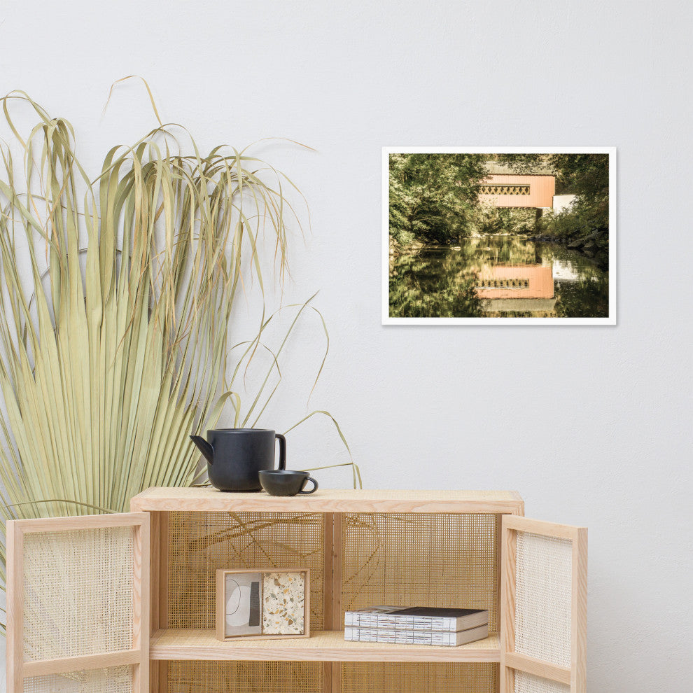 The Reflections of Wooddale Covered Bridge Aged Framed Photo Wall Art Print, White, 18" X 24"