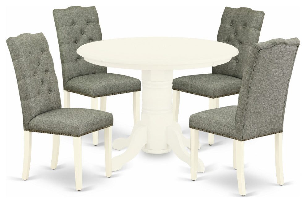 5Pc Dining Set - 4 Parson Chairs, Table Solid Wood Frame, Linen White Finish