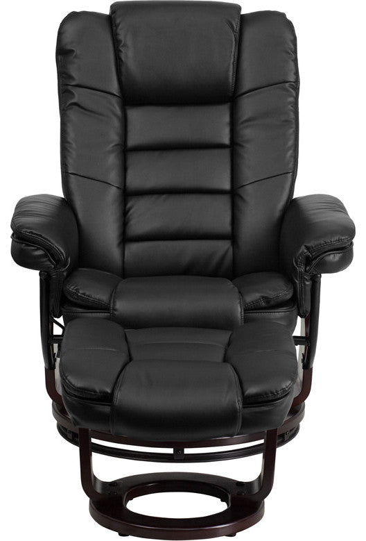Leather Recliner and Ottoman, Mahogany Wood Base, Black Leather