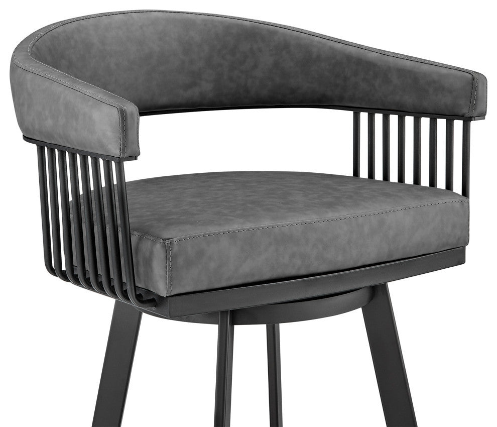 Chelsea 30" Bar Height Swivel Bar Stool, Black Finish and Gray Faux Leather