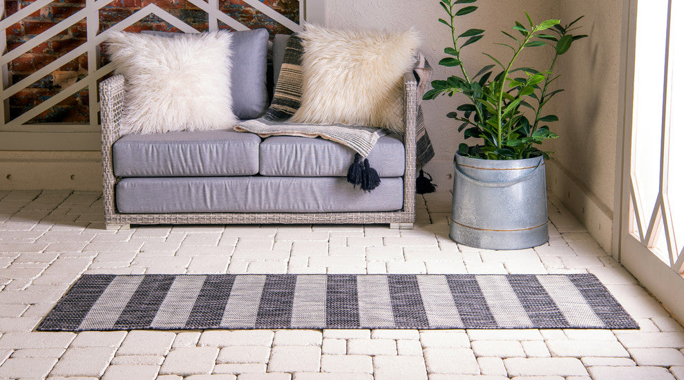 Unique Loom Aqua Blue Striped Outdoor Area Rug, Charcoal Gray, Gray, 2' X 6'
