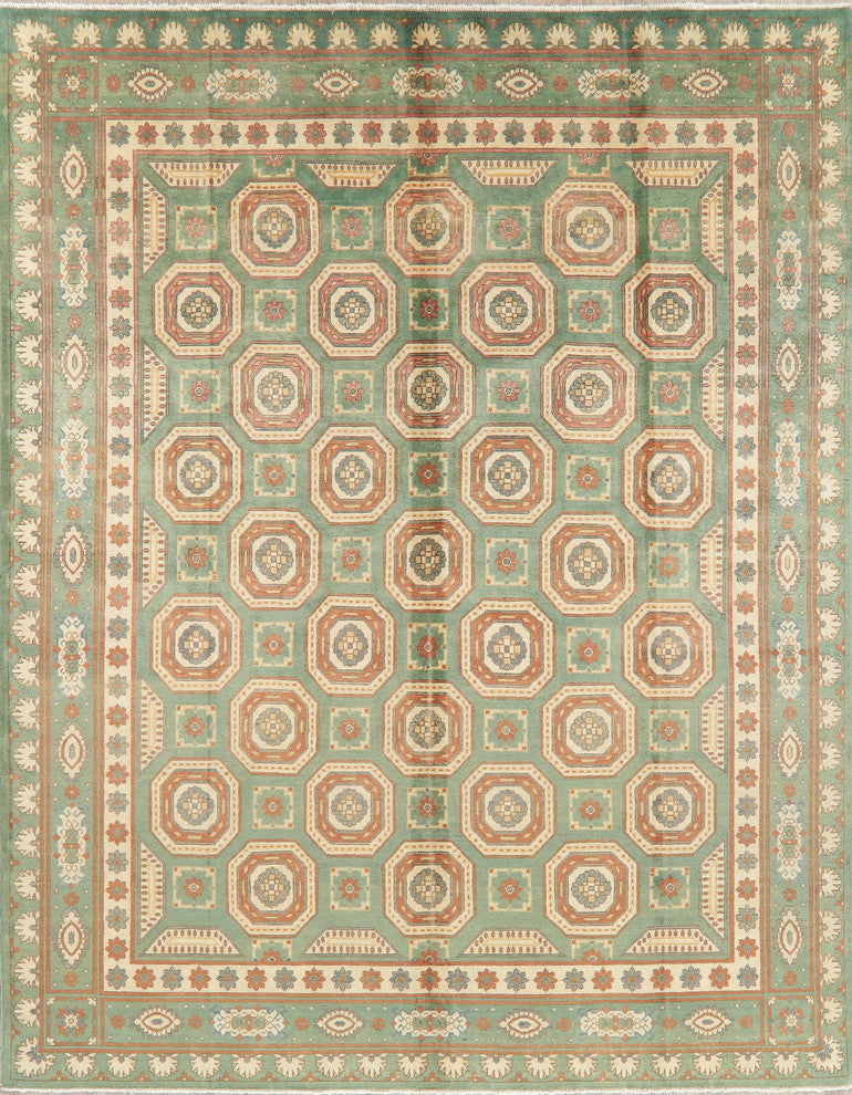 Pakistani Hand-Knotted Kazak Traditional Oriental Area Rug, Green, 10'2"X8'1"