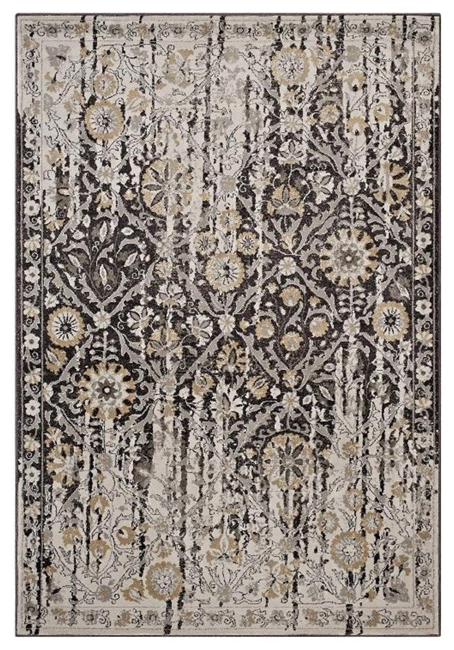 Ganesa Distressed Diamond Floral Lattice 5x8 Area Rug in Black and Beige