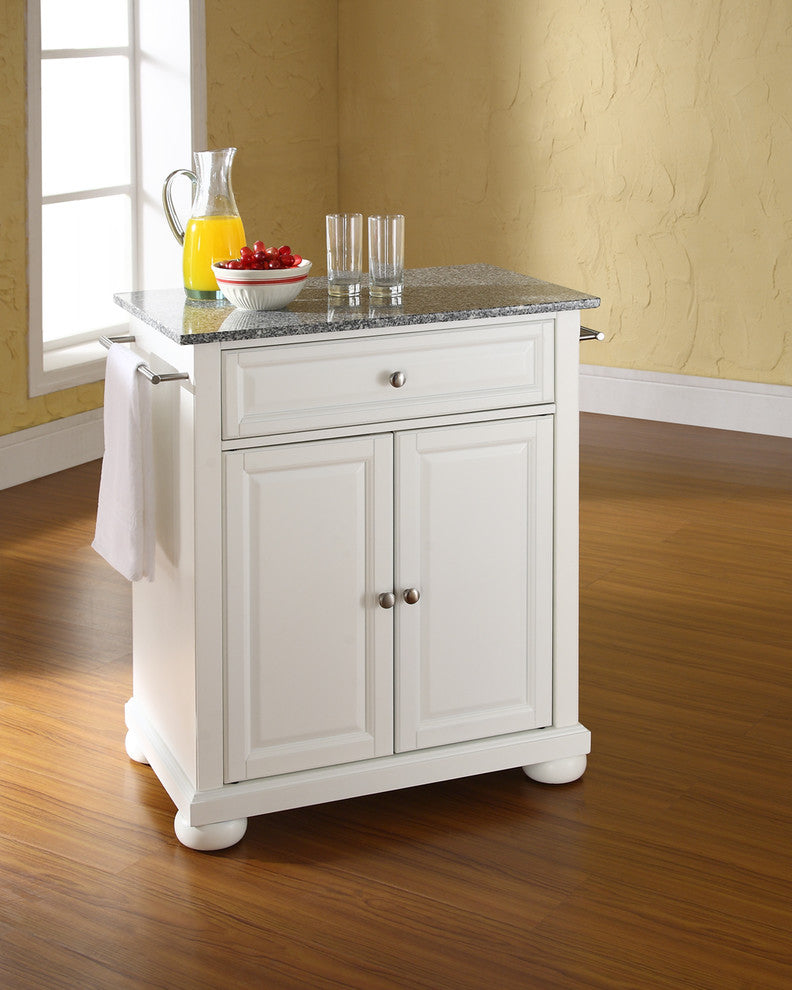 Alexandria Solid Granite Top Portable Kitchen Island, White Finish