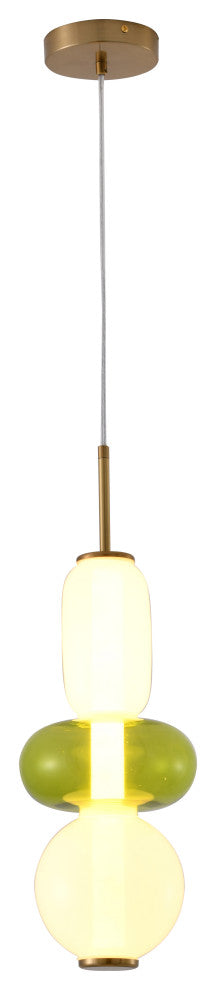 Gold Metal LED Pendant With White And Green Glass
