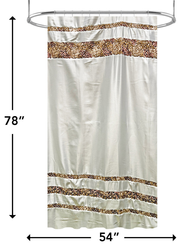 Spa Tile White Soft Fabric Shower Curtain With Multicolor Embroidered Tile Bands, Brown, 54x78"