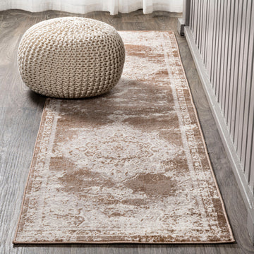 Alhambra Ornate Medallion Modern Runner Rug, Brown/Cream, 2'x10'