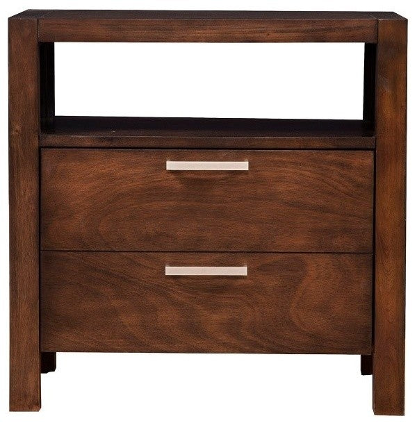 2 Drawers Nightstand With Open Shelf In Wood Brown
