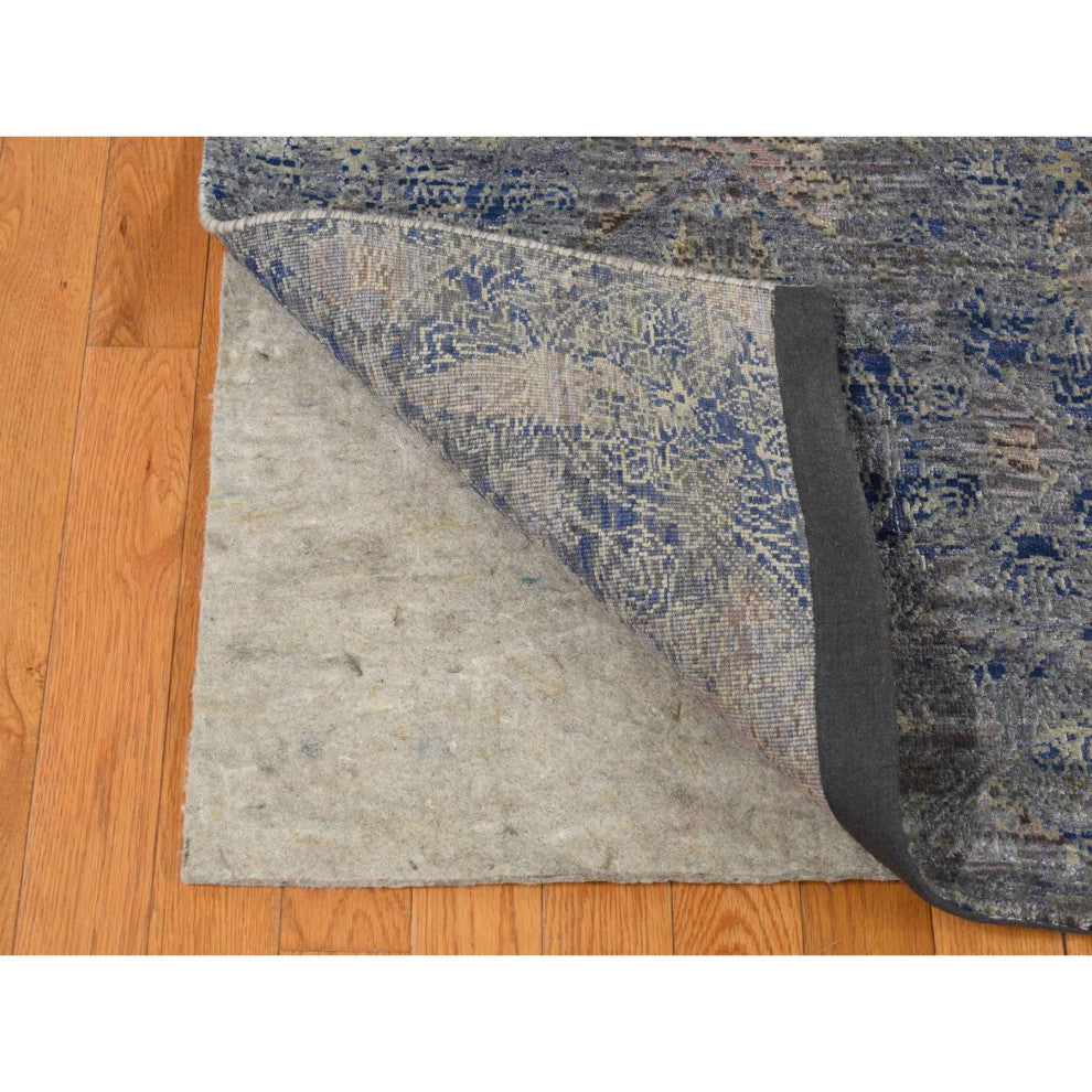 Blue Silk With Wool Erased Rosette Design Hand Knotted Oriental Rug 8'9"x12'