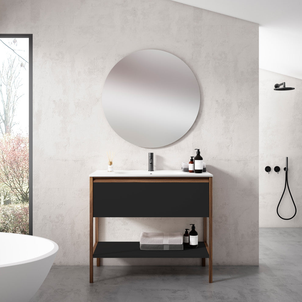Ikon Modern Standing Bathroom Vanity, Matt Black, 32" 1dr+shelf