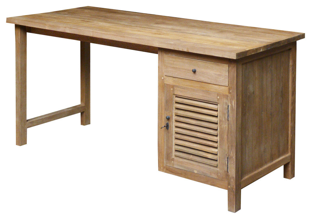 Recycled Teak Wood Louvre Writing Desk with 1 Door & Drawer