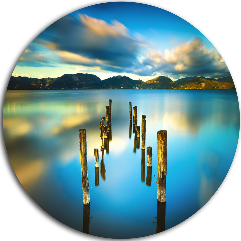 Cloudy Lake With Broken Pier, Seascape Photo Disc Metal Wall Art, 11"