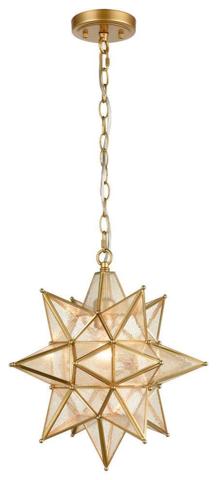 Moravian Star Pendant Lighting Seeded Glass Hanging Light, Brass, 16"