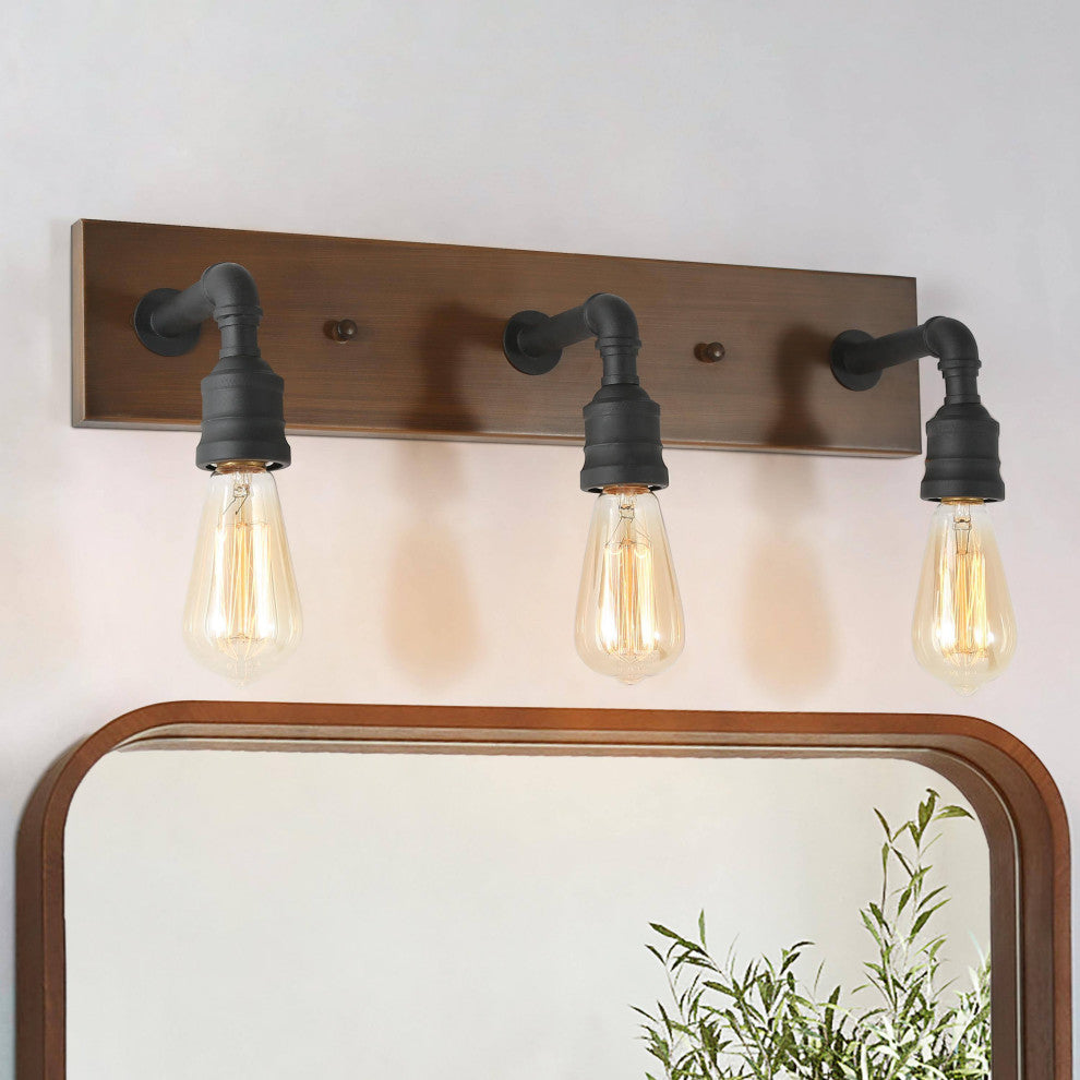 LALUZ 3-Light Black and Brown Water Pipe Farmhouse Bathroom Vanity Lights