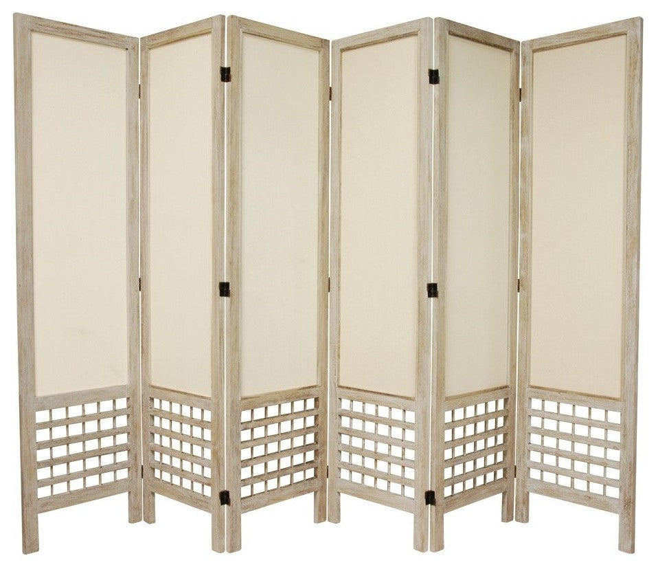 5 1/2' Tall Open Lattice Fabric Room Divider, Burnt White, 6 Panel
