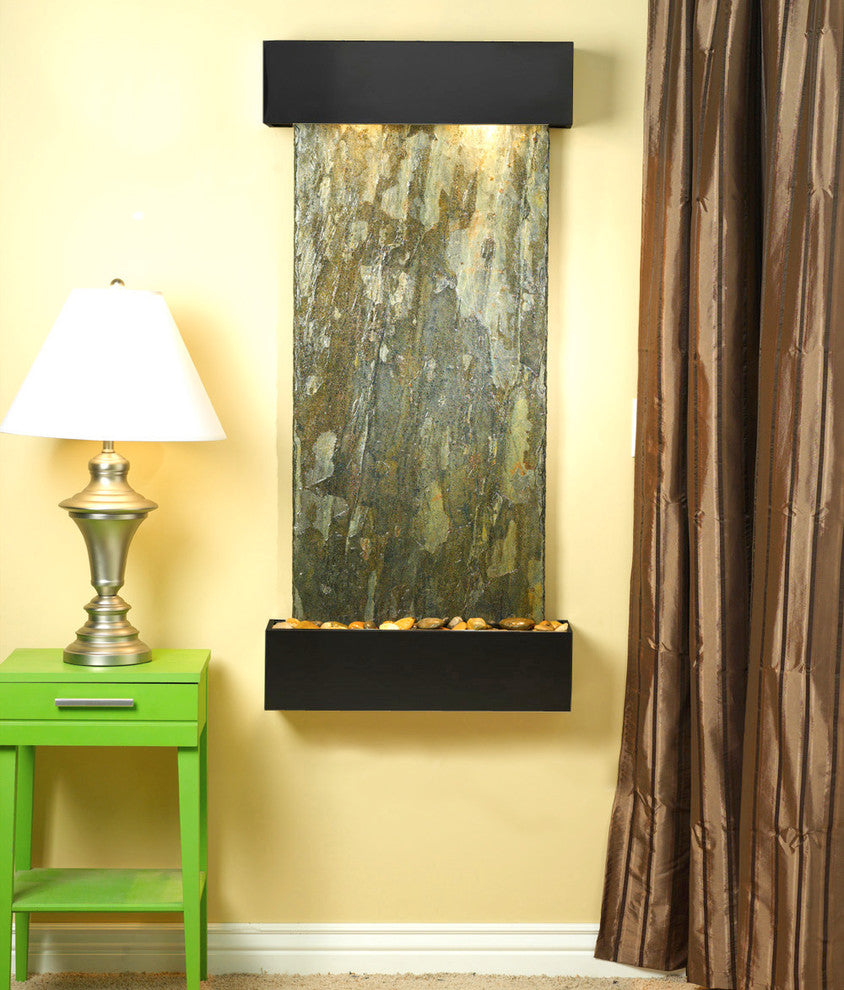 Cascade Springs Water Fountain, Natural Green Slate, Blackened Copper, Square