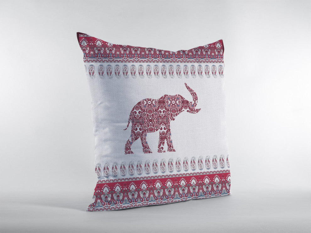 16" Red White Ornate Elephant Zippered Suede Throw Pillow