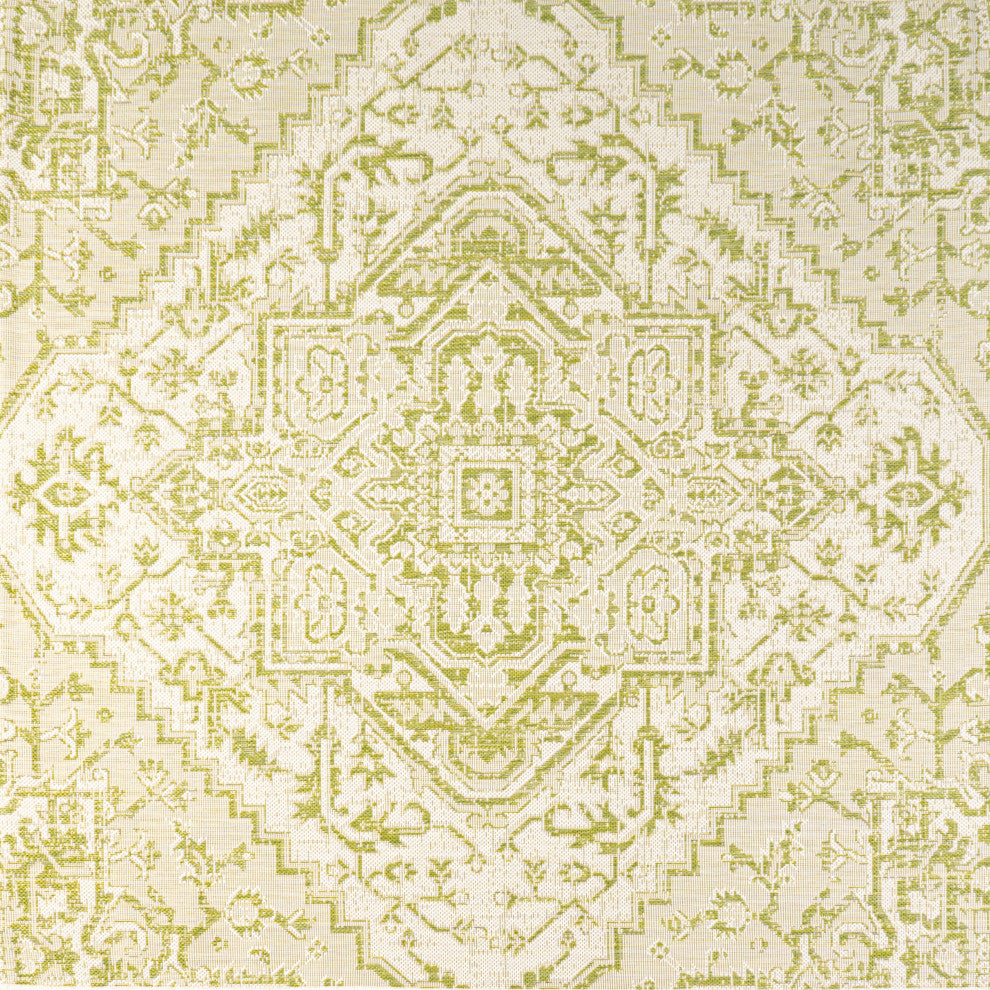 Estrella Bohemian Medallion Textured Weave Indoor/Outdoor, Cream/Green, 5' Square